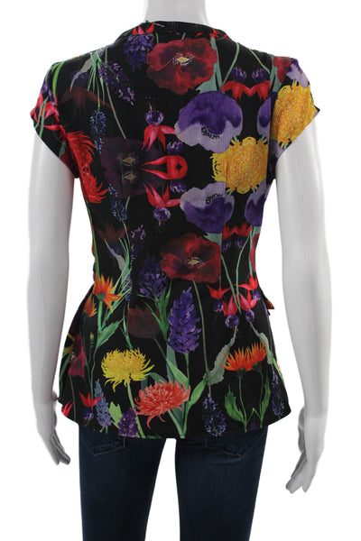 Eva Franco Womens Floral V Neck Short Sleeve Black Polyester Blouse Size 6