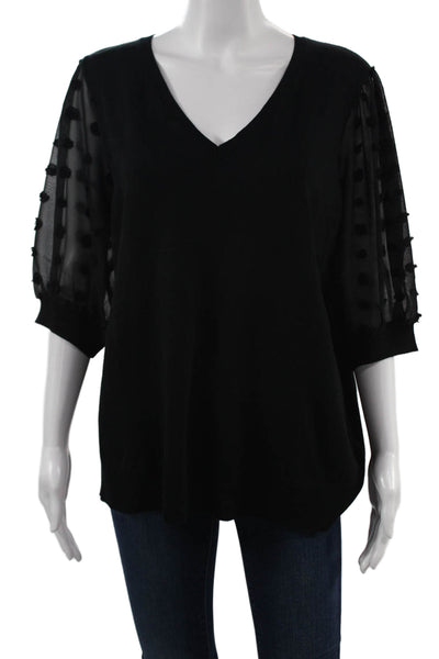 Adrianna Papell Womens Polka Dot V-Neck 3/4 Sleeve Black Blouse Size XL