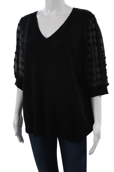 Adrianna Papell Womens Polka Dot V-Neck 3/4 Sleeve Black Blouse Size XL