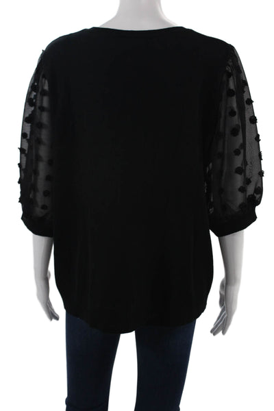 Adrianna Papell Womens Polka Dot V-Neck 3/4 Sleeve Black Blouse Size XL
