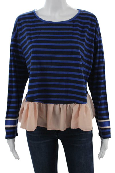 Deletta Anthropologie Womens Cropped Striped Cotton Blouse Black Size L