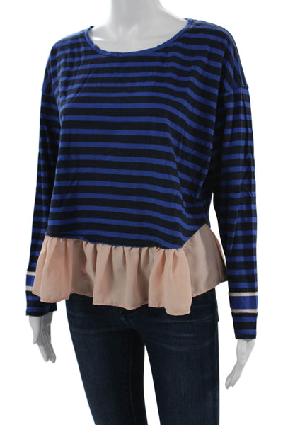 Deletta Anthropologie Womens Cropped Striped Cotton Blouse Black Size L