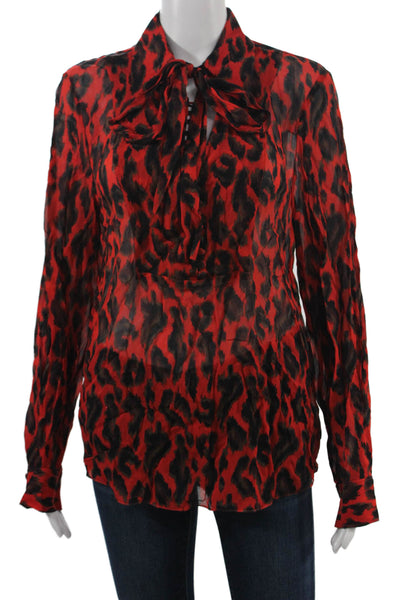 Derek Lam 10 Crosby Women Black Leopard Tie Collared Long Sleeve Blouse Size 8