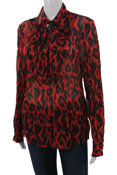 Derek Lam 10 Crosby Women Black Leopard Tie Collared Long Sleeve Blouse Size 8