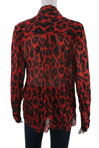 Derek Lam 10 Crosby Women Black Leopard Tie Collared Long Sleeve Blouse Size 8