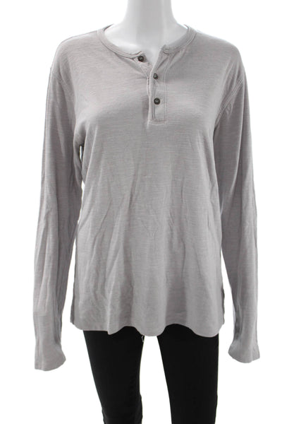 Velvet Mens Long Sleeve Button Round Neck Top Gray Polyester Rayon Size M