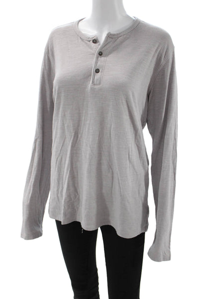 Velvet Mens Long Sleeve Button Round Neck Top Gray Polyester Rayon Size M