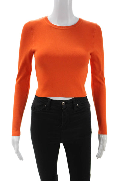 Zara Women Cropped Basic Top Orange Button Crew Neck Long Sleeve Size M