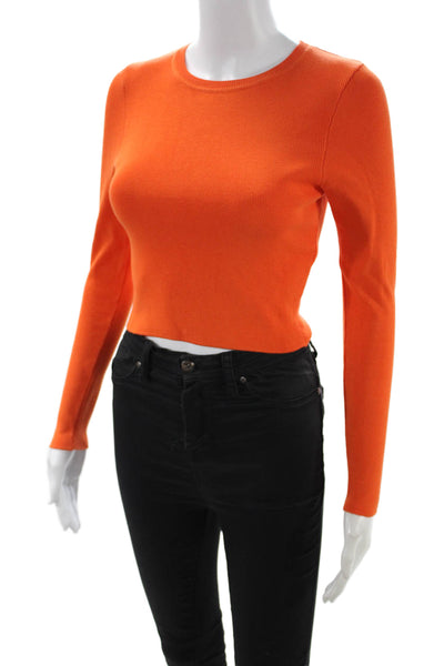 Zara Women Cropped Basic Top Orange Button Crew Neck Long Sleeve Size M