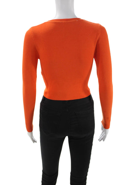 Zara Women Cropped Basic Top Orange Button Crew Neck Long Sleeve Size M