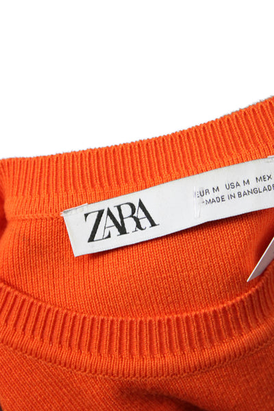 Zara Women Cropped Basic Top Orange Button Crew Neck Long Sleeve Size M