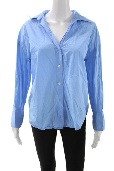 Zara Women Light Blue Cotton Collared Button Up Blouse Long Sleeve Size XS