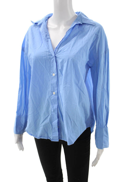 Zara Women Light Blue Cotton Collared Button Up Blouse Long Sleeve Size XS