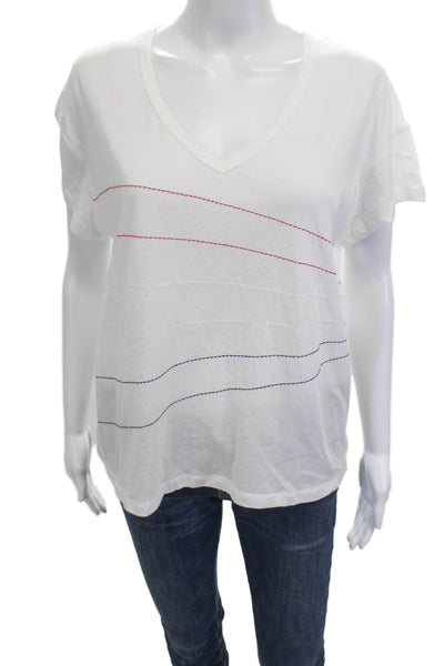 Wildfox Women White Striped V-Neck Basic T-Shirt Short Sleeve Cotton Size S