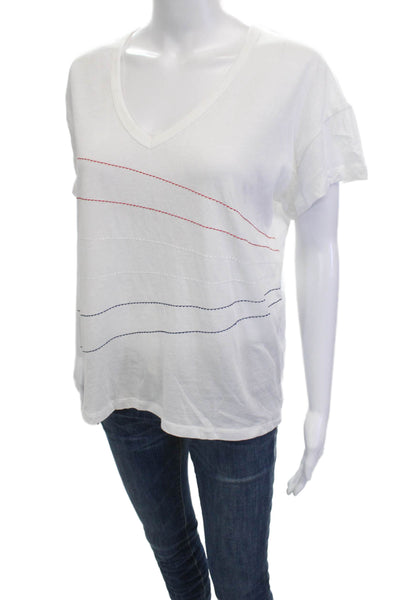 Wildfox Women White Striped V-Neck Basic T-Shirt Short Sleeve Cotton Size S