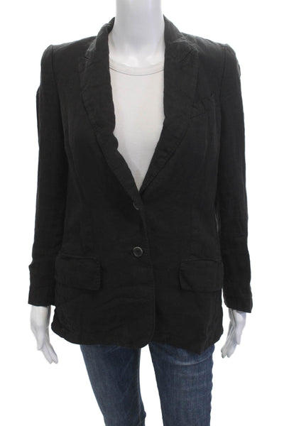 120% Lino Unisex Black Linen Blazer V-Neck Button Long Sleeve Size 40