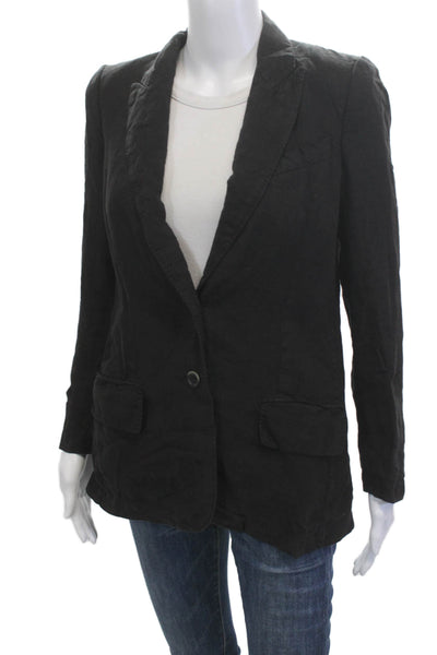120% Lino Unisex Black Linen Blazer V-Neck Button Long Sleeve Size 40