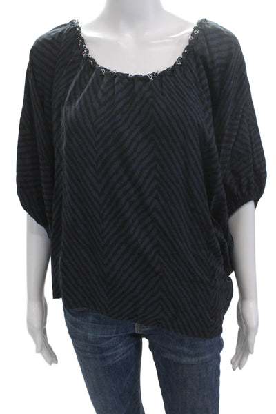 Chelsea Flower Women Dark Blue Herringbone Bohemian Short Sleeve Blouse Size S