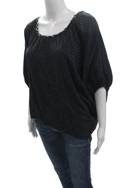 Chelsea Flower Women Dark Blue Herringbone Bohemian Short Sleeve Blouse Size S