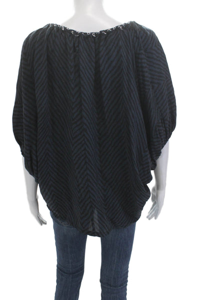 Chelsea Flower Women Dark Blue Herringbone Bohemian Short Sleeve Blouse Size S