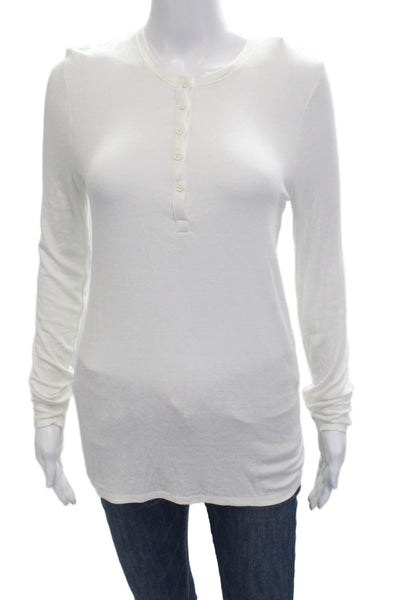 ATM Women Basic Cotton Blend White Long Sleeve Button-Up Crew Neck Size M