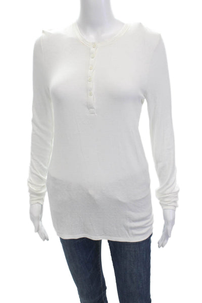 ATM Women Basic Cotton Blend White Long Sleeve Button-Up Crew Neck Size M