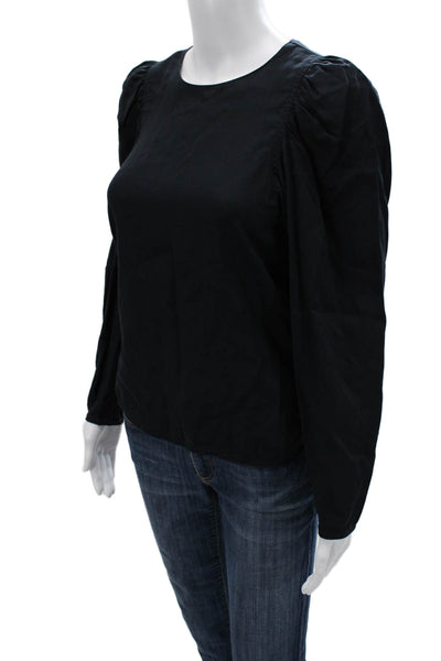 Rebecca Taylor Women Black Tencel Long Sleeve Round Neck Blouse Classic Size XS