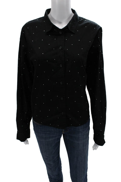 J Crew Women Basic Black Polka Dot Collared Button-Up Long Sleeve Cotton Size L