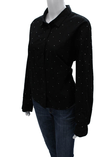 J Crew Women Basic Black Polka Dot Collared Button-Up Long Sleeve Cotton Size L