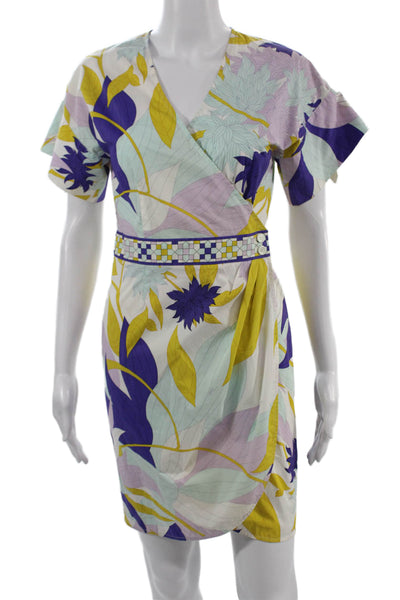 Emilio Pucci Women Wrap Dress White Floral V Neck Short Sleeve Cotton Size 6
