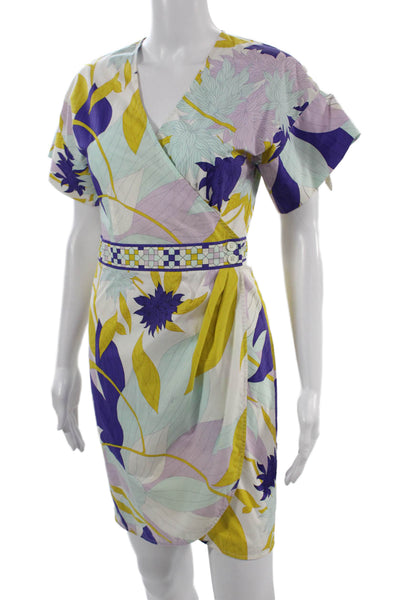 Emilio Pucci Women Wrap Dress White Floral V Neck Short Sleeve Cotton Size 6