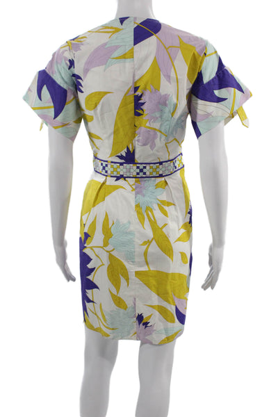 Emilio Pucci Women Wrap Dress White Floral V Neck Short Sleeve Cotton Size 6