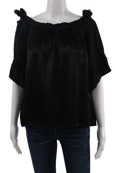 Alexis Women Black Tie Neck Short Sleeve Viscose Blouse Size M