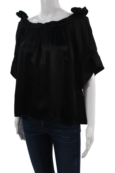 Alexis Women Black Tie Neck Short Sleeve Viscose Blouse Size M