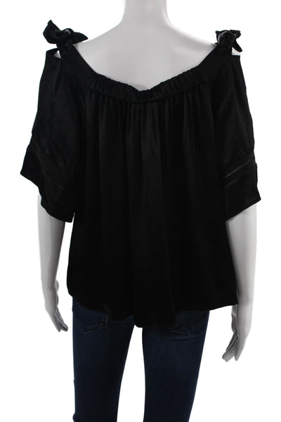 Alexis Women Black Tie Neck Short Sleeve Viscose Blouse Size M