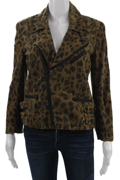 Capulet Women Biker Leopard Print Cotton Jacket Brown Button Size S