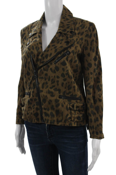 Capulet Women Biker Leopard Print Cotton Jacket Brown Button Size S