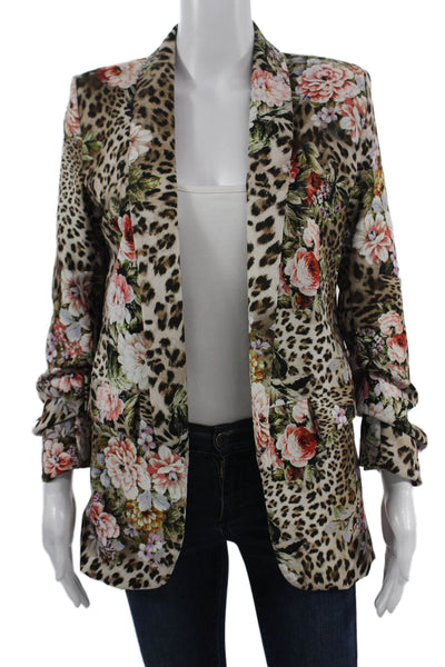 Free For Humanity Women Beige Floral Animal V Neck Long Sleeve Blazer Size S