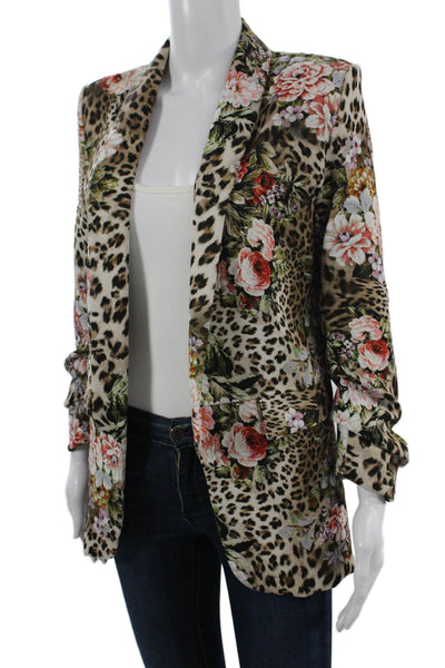 Free For Humanity Women Beige Floral Animal V Neck Long Sleeve Blazer Size S