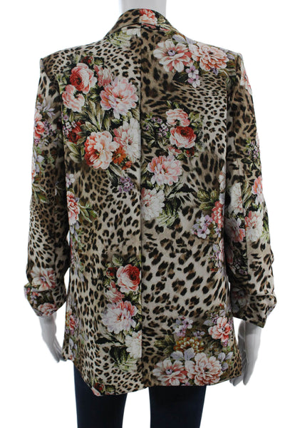 Free For Humanity Women Beige Floral Animal V Neck Long Sleeve Blazer Size S