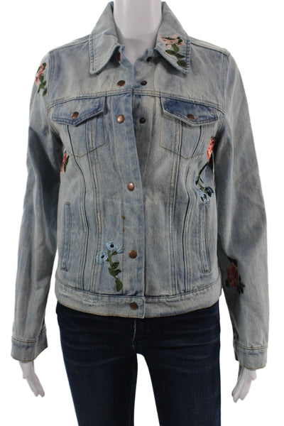 Olivaceous Women Light Blue Floral Cotton Button Jacket Long Sleeve Size S