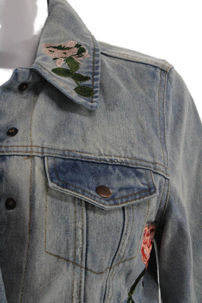 Olivaceous Women Light Blue Floral Cotton Button Jacket Long Sleeve Size S