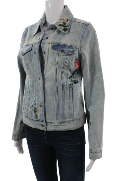 Olivaceous Women Light Blue Floral Cotton Button Jacket Long Sleeve Size S