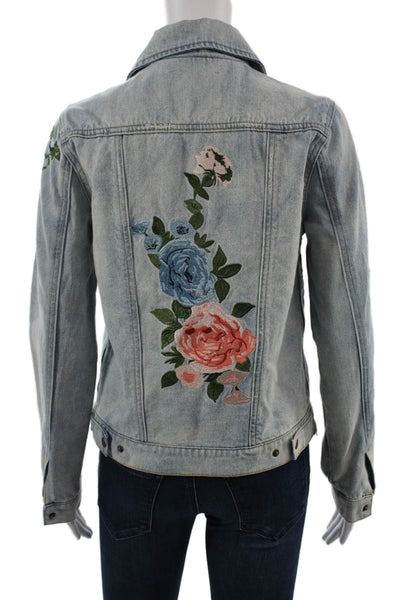 Olivaceous Women Light Blue Floral Cotton Button Jacket Long Sleeve Size S