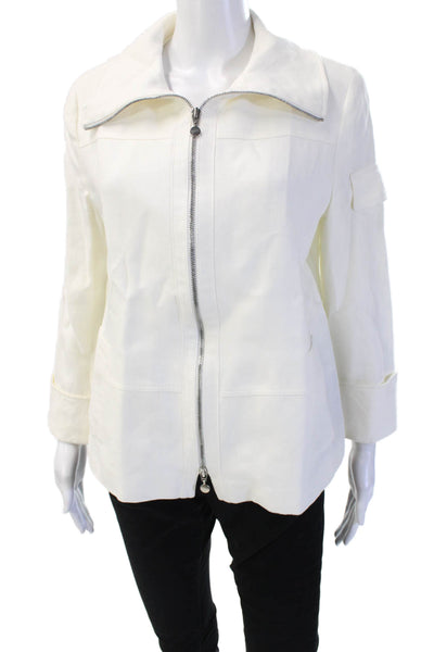 Akris Punto Womens Windbreaker White Linen Collared 3/4 Sleeve Zip Size 10