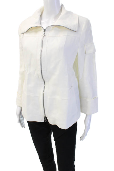 Akris Punto Womens Windbreaker White Linen Collared 3/4 Sleeve Zip Size 10