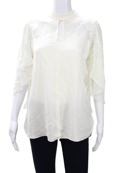 Elie Tahari Womens White Linen Cotton High Neck 3/4 Sleeve Blouse Size S