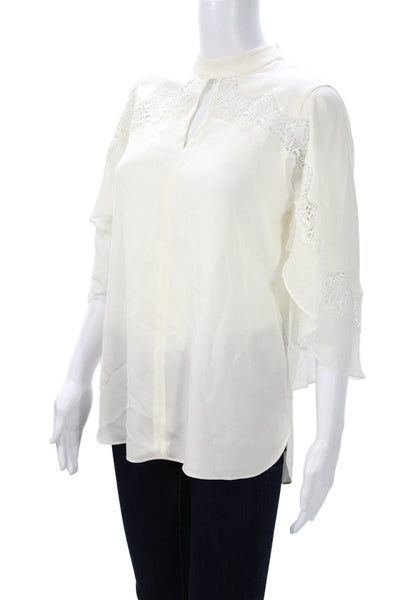 Elie Tahari Womens White Linen Cotton High Neck 3/4 Sleeve Blouse Size S
