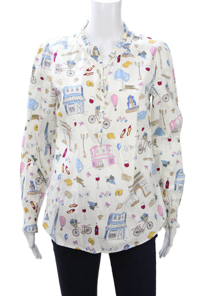 Talbots Women White Cotton Paris Graphic Button Up Blouse Long Sleeve Size S