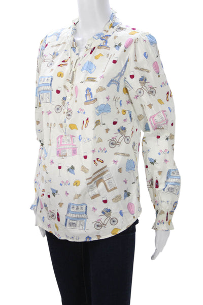 Talbots Women White Cotton Paris Graphic Button Up Blouse Long Sleeve Size S